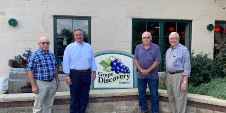 Senator Borrello visited the Grape Discovery Center in Westfield to discuss the upcoming grape harvest and fall events. From left to right: Phil Baideme, President of the Concord Grape Belt Heritage Association Board of Directors; Senator Borrello and board members Bob Patterson and Jim Crolle.