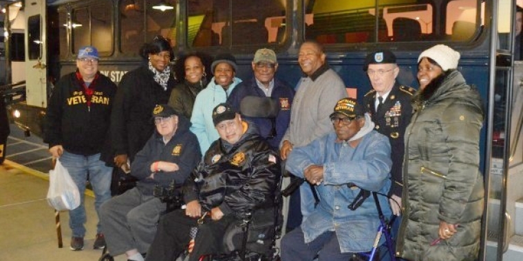Senator Sanders, standing third from right, posed for a photo with veterans and staffers from the New York State Veterans' Home at St. Albans who attended the luncheon.
