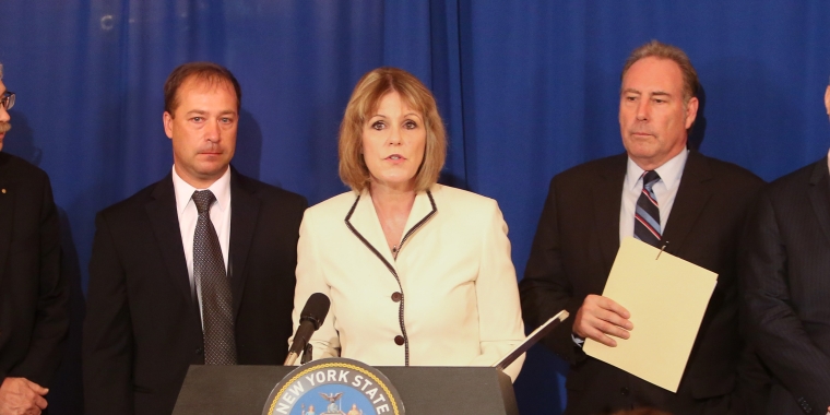 During a press conference at the Capitol, Senator Young (center), joined by national highway safety advocate Stephen Eimers (center-left), Senator Joseph Robach (center-right), Assemblyman Sean Ryan (far-right) and Assemblyman Andy Goodell (far-left), called for passage of legislation to ban and remove dangerous “X-Lite” guardrails from roadways across New York.