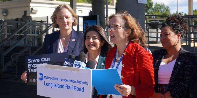 PHOTO CAPTION: (L-R) Town of North Hempstead Councilwoman Veronica Lurvey, New York State Senator Anna M. Kaplan, Long Island Rail Road Interim President Catherine Rinaldi, Town of North Hempstead Councilwoman Mariann Dalimonte (rear), and New York State Assemblywoman Gina L. Sillitti announce express train service restoration at the Port Washington Train Station