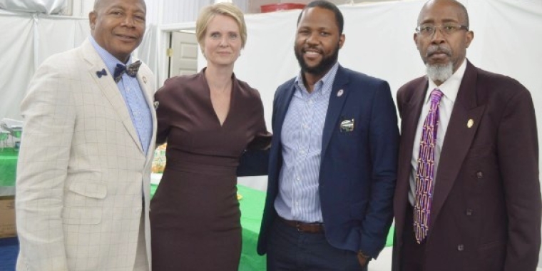 Senator James Sanders Jr., left, joins Cynthia Nixon, candidate for NYS Governor, Roderick Caesar III, Senior Pastor of Bethel Gospel Tabernacle Church and Bishop Roderick Caesar, Overseer of Bethel Gospel Tabernacle Church.