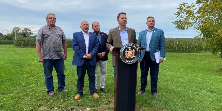 Sen. Ortt joins State legislature colleagues for a listening session with local farmers (L-R, Bittner-Singer Orchards President Jim Bittner, Assemblyman Angelo Morinello, Assemblyman Steve Hawley, Sen. Rob Ortt, Sen. George Borrello)