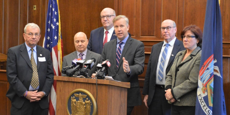 Senator Jacobs is joined by from L-R Village of Hamburg Mayor Thomas Moses, Village of Kenmore Mayor Patrick Mang, Town of Tonawanda Supervisor Joseph Emminger, Town of Orchard Park Supervisor Patrick Keem and Town of Evans Supervisor Mary Hosler as they call on Governor Cuomo to restore cuts to the Aid and Incentives to Municipalities program.