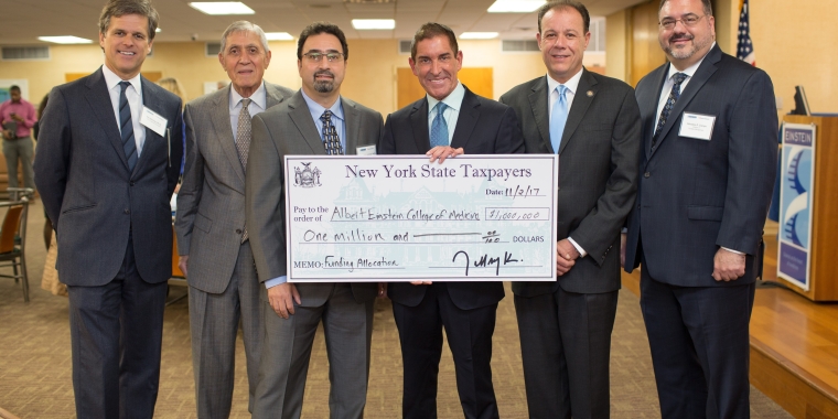 From left to right: Dr. Tim Shriver, chair of the Special Olympics; Dr. Allen M. Spiegel, dean at Albert Einstein College of Medicine; Dr. Kamran Khodakhah, chair of neuroscience at Albert Einstein College of Medicine; Senator Jeff Klein; Assemblyman Mark Gjonaj; Salvatore Ciampo, senior director of facilities management at Albert Einstein College of Medicine.