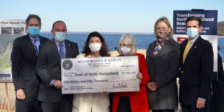 From left to right: Town of North Hempstead Receiver of Taxes Charles Berman, T.O.N.H. Councilmember Peter Zuckerman, Senator Anna M. Kaplan, T.O.N.H. Supervisor Judi Bosworth, T.O.N.H. Councilmember Veronica Lurvey, T.O.N.H. Clerk Wayne Wink