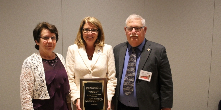 Left to right: New York Association of Conservation Districts Executive Director Blanche Hurlbutt, Senator Pam Helming, and New York Association of Conservation Districts President Dan Farrand