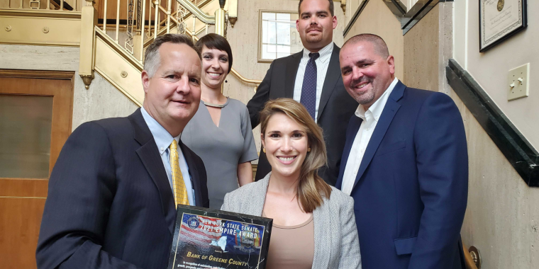 Pictured left to right are Bank of Greene County employees Don Gibson, President and CEO, Susan Timan, AVP e-Communications, NYS Senator Michelle Hinchey (46th Senate District), Allen Austin, VP Corporate Cash Management, and Perry Lasher, Chief Lending Officer.