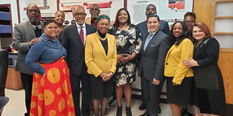 Boys and Girls High School Campus welcomes Chancellor Carranza. (left to right): Tabari Bomani, Principal of Nelson Mandela School for Social Justice, Allison Farrington, Principal of Research and Service HS, Twila Evanson, Regent Lester Young, Dr. Albert Vann, State Senator Velmanette Montgomery, Executive Superintended Karen Watts, Chancellor Richard Carranza, Grecian Harrison, Principal of Boys and Girls High School, Stefani Zinerman, Brooklyn HS Superintendent Janice Ross