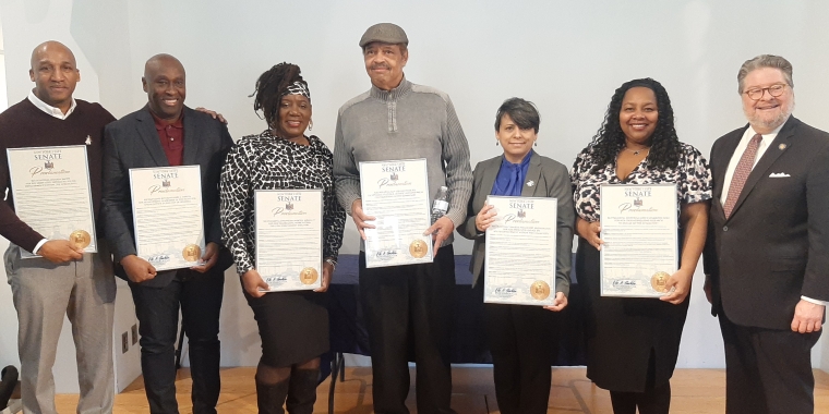 State Sen. Pete Harckham with Black History Month honorees (L-R): Jermain Smith, Rev. Gary Colter, Gwenveria Sargeant, Ken Sargeant, Tamarah Bridgewater and Joyce Sharrock-Cole