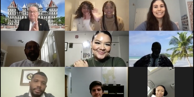 Screenshot of the Black History Month virtual award ceremony. Top row: Sen. Harckham, Marisa and Jessica Caputo, Catherine Ferris. Second Row: Dr. Richard Jones, Stephany Solis, Ray Blue. Bottom Row: Jordan Hardy, David Zeiger, Andréa Jenkins.