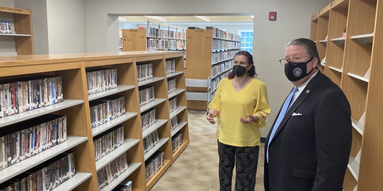 State Sen. Harckham visiting the Brewster Public Library with its director, Gina Loprinzo.
