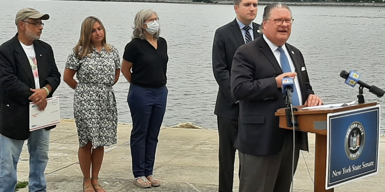 At the press conference: (L-R) Rocco Battista, Maria Idoni, Erika Lang Pierce, Sen. James Skoufis and Sen. Pete Harckham.