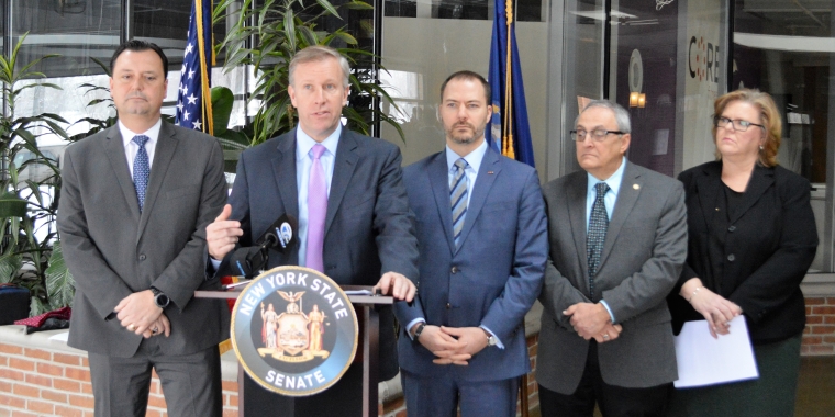 Senator Jacobs is pictured at the Remington Lofts, a transformational mixed-use redevelopment project in the City of North Tonawanda that was made possible by New York State Brownfield and Historic Tax Credits. With Senator Jacobs are (l-r) Niagara County Legislature Majority Leader Randy Bradt, Senator Robert Ortt, City of North Tonawanda Mayor Arthur Pappas and Kissling Interests Vice President of Operations and Finance Rosaline Seege.