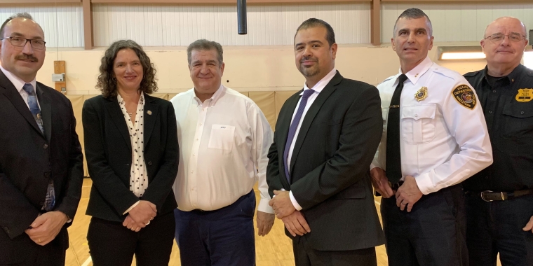 (L-R): Chief Dominick Blasko (Town of Crawford Police Department, also President of the Police Chiefs Association of Orange County), Senator Jen Metzger, Middletown Mayor Joseph DeStefano, Middletown Common Council President Miguel Rodrigues, Chief John Ewanciw (Middletown Police Department), and Chief Jeffry Holmes (Walden Police Department).