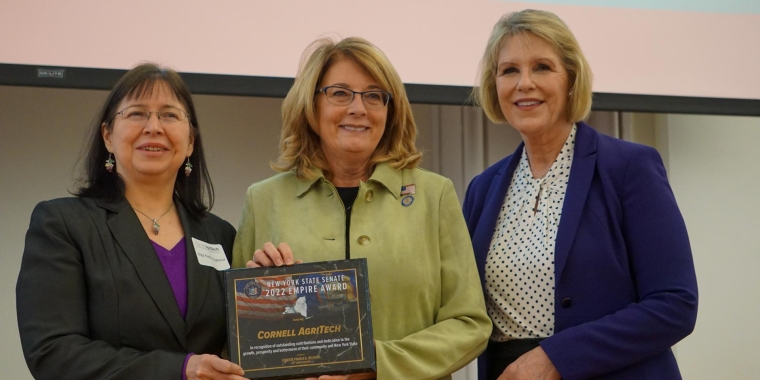 Olga Padilla-Zakour, interim director of Cornell AgriTech; Senator Helming; Cathy Young, executive director of the New York State Center of Excellence for Food and Agriculture. Photo credit: Cornell AgriTech