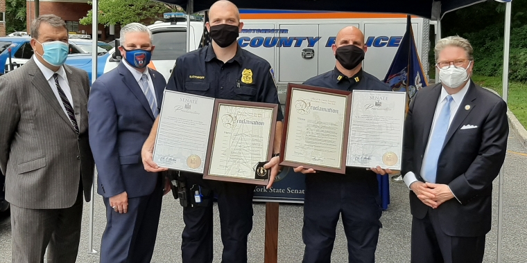 Westchester County Executive George Latimer, Public Safety Commissioner Thomas Gleason, Sergeant Jeff Slotoroff, Captain James Luciano and Senator Pete Harckham