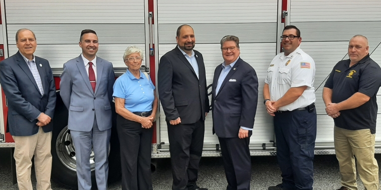 State Sen. Harckham (third from right) with Croton Trustee Len Simon, Village Manager Bryan Healy, Deputy Mayor Ann Gallelli, Mayor Brian Pugh, Chief John Munson and 2nd Chief Chris Colombo