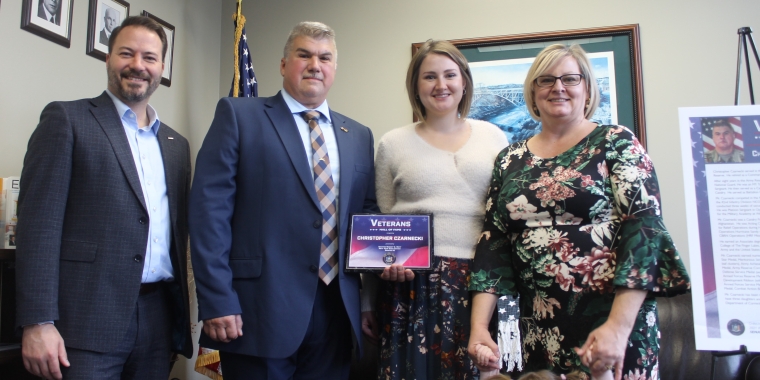 Sen. Rob Ortt joins CSM Christopher Czarnecki, his daughter Caroline, wife Carrie, and granddaughter Veronica for his induction into the NYS Senate Veterans Hall of Fame, Class of 2021.