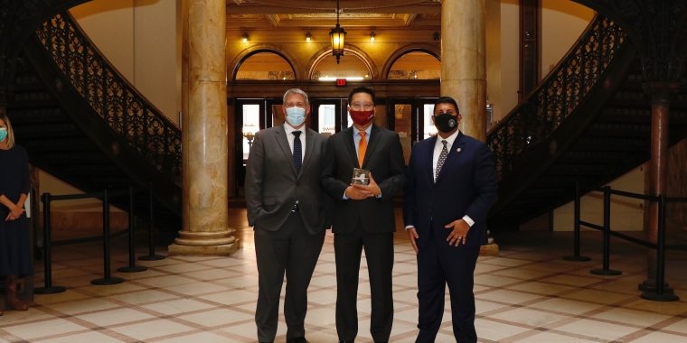 (Left to Right) Monroe County Executive Adam Bello, Commissioner of Public Health Dr. Michael Mendoza, NYS Senator Jeremy Cooney