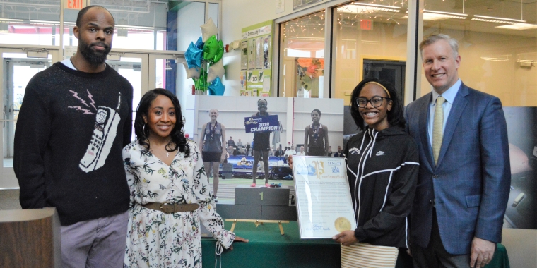 Senator Jacobs is pictured with Tapestry Charter 7th Grader Jada Kenner and her parents Alton and Lauren celebrating Jada's State Championship and World Record