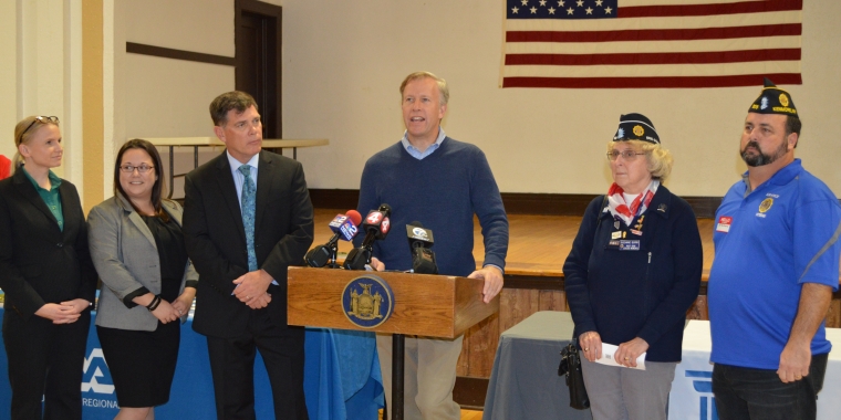 Senator Jacobs is pictured at the Brounshidle American Legion Post No. 205 announcing $25,000 in funding for Legal Aid Services for Veterans. L-R: Legal Aid Attorneys Christine Vogel, Claire Fortin and Paul Curtin, Senator Jacobs, American Legion County Commander Suzanne Clark, and Brounshidle Post Commander Ted Balbierz.