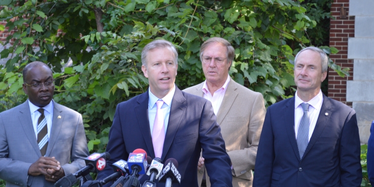 L-R: Buffalo Mayor Byron Brown. State Senator Chris Jacobs, former Mayor Anthony Masiello and Assemblyman Sean Ryan at a press conference where the two state lawmakers announced $300,000 in funding for the new Italian Cultural Center at the former home of the North Park Library branch.