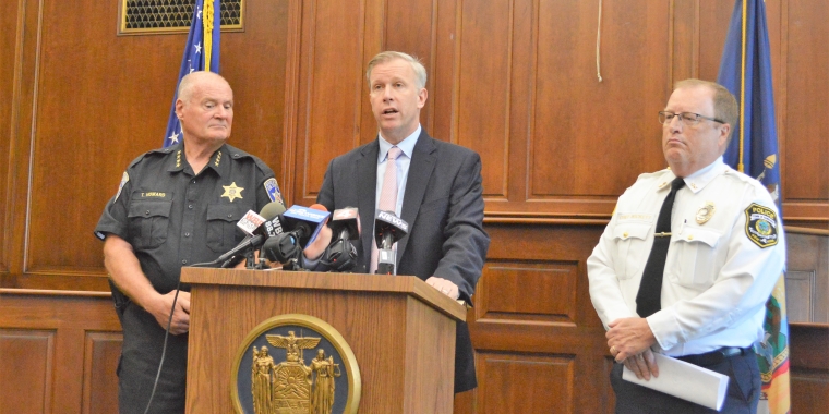Erie County Sheriff Tim Howard, State Senator Chris Jacobs, President of the Erie County Association of Chiefs of Police, Town of Hamburg Chief Greg Wickett announcing their opposition to the "Green Light" bill which would grant driver's licenses to illegal immigrants.
