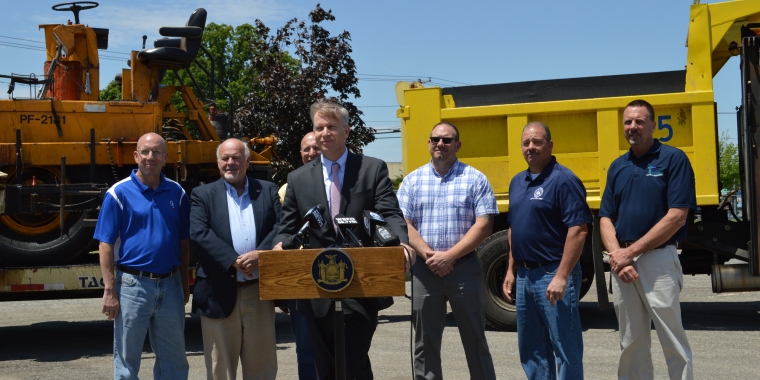 Senator Jacobs is pictured with from left, Grand Island Deputy Superintendent Dick Crawford, Evans Superintendent Ed Michalski, Orchard Park Superintendent Fred Piasecki, Kenmore Superintendent David Root, City of Tonawanda Superintendent Joe Warthling and Town of Tonawanda Superintendent Tom Jones.