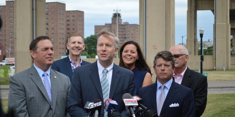 Senator Chris Jacobs is pictured with from left-right Assemblyman Ray Walter, Visit Buffalo Niagara President & CEO Patrick Kaler, UBER Spokesperson Stephanie Smith, Pegula Sports & Entertainment Chief Operating Officer Bruce Popko, and Buffalo Place President Michael Schmand at a press conference announcing the official launch of UBER and ridesharing in Buffalo & WNY.