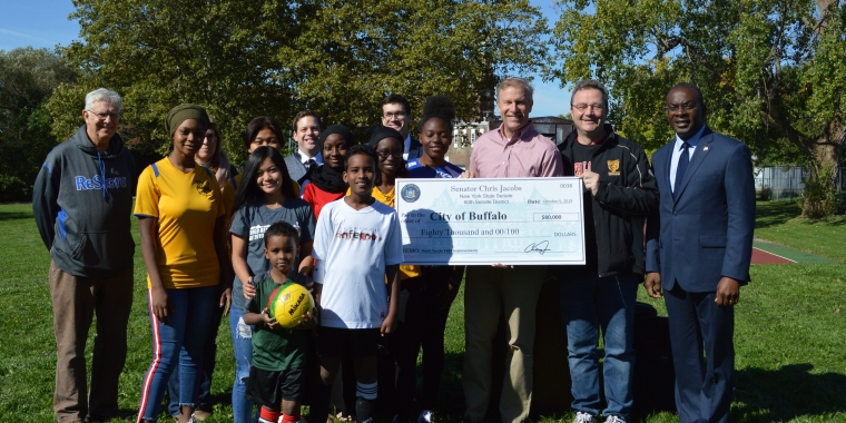 Senator Chris Jacobs with Council Member Joseph Golombek, Buffalo Mayor Byron Brown and local civic leaders and soccer organizations.
