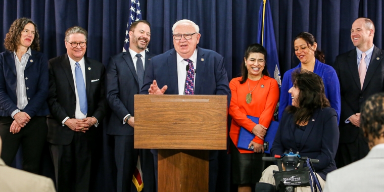 Republican and Democratic Senators discuss the necessity of fully funding this program. Left to Right - Senator Jen Metzger (SD 42), Senator Pete Harckham (SD 40), Senator Robert Ort (SD 62), Senator John Brooks (SD 8), Senator Anna Kaplan (SD 7), Senator Monica Martinez (SD 3), Senator Sue Serino (SD 42),