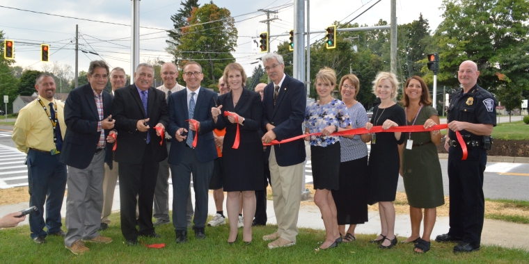 Participating in the ribbon cutting from left to right in front are HC Fenner Principal Gary Gilbert, Ellicott Town Supervisor Pat McLaughlin, Falconer Mayor James Rensel, Falconer Central School District Superintendent Stephen Penhollow, Senator Cathy Young, Assemblyman Andy Goodell, Chautauqua County Legislator Lisa Vanstrom, Falconer Central School Director of Special Education Julie Possai, Paul BD Temple Principal Holly Hannon, Falconer Central School Director of Instruction and Staff Development Judith Roach and Town of Ellicott Police Chief Bill Ohnmeiss.