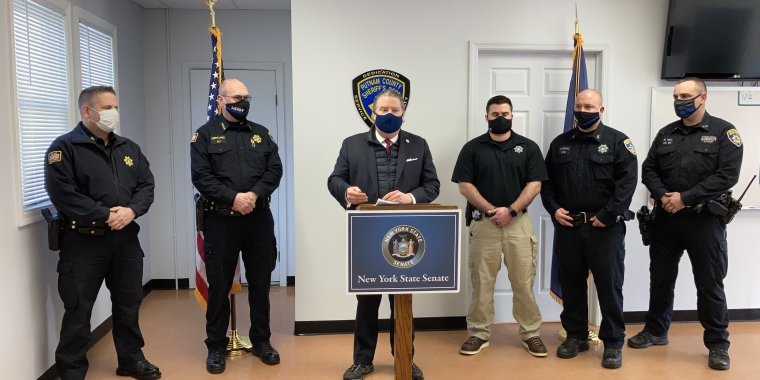 (L-R) Captain Harry Tompkins, Sheriff Robert Langley, Jr., Senator Harckham and Deputies Benjamin Levine, Andrew Kristan and Randel Hill with their proclamations at today’s award ceremony in Cold Spring.