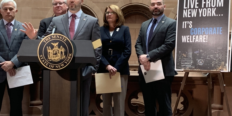 L to R: Senators Antonacci, O'Mara, Ortt, Helming, and Akshar call for an end to the NYS Film Tax Credit