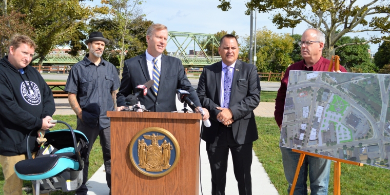L-R; City of Tonawanda business owners Kevin Richert (Smoke on the Water), Shannon Barlow (Twisted Tiki Tattoo), State Senator Chris Jacobs, City of Tonawanda Mayor Rick Davis, City of Tonawanda Councilman William Reece.