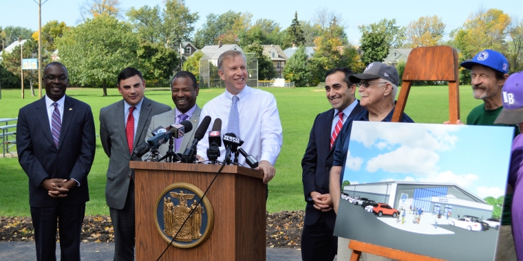 L-R - Buffalo Mayor Byron Brown, Erie County Legislator Peter Savage, University District Common Council Member Rasheed Wyatt, State Senator Chris Jacobs, Delaware Common Council Member Joel Feroleto, and Hertel North Park Baseball & Softball President Don Morris are pictured announcing Senator Jacobs' $1,000,000 in funding to support the construction of a new multi-sport indoor athletic complex at Shoshone Park in Buffalo.