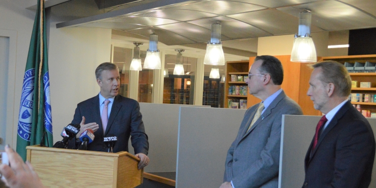 Pictured L-R: New York State Senator Chris Jacobs; Dr. James O’Donnell, Dean, University at Buffalo School of Pharmacy and Pharmaceutical Sciences; Professor Karl Fiebelkorn, Senior Associate Dean for Student, Professional and Community Affairs.