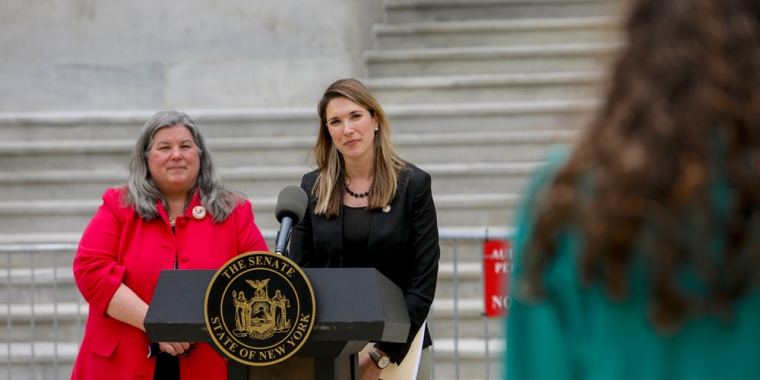 Assemblymember Carrie Woerner and Senator Michelle Hinchey announce their bill to expand access to broadband service in rural areas on Tuesday, June 1, 2021, in Albany.