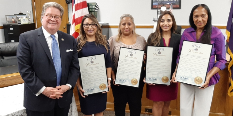 State Sen. Pete Harckham with Diana Loja, Ruth Ayala-Quezada, Dinora Pacheco and Karine Patiño