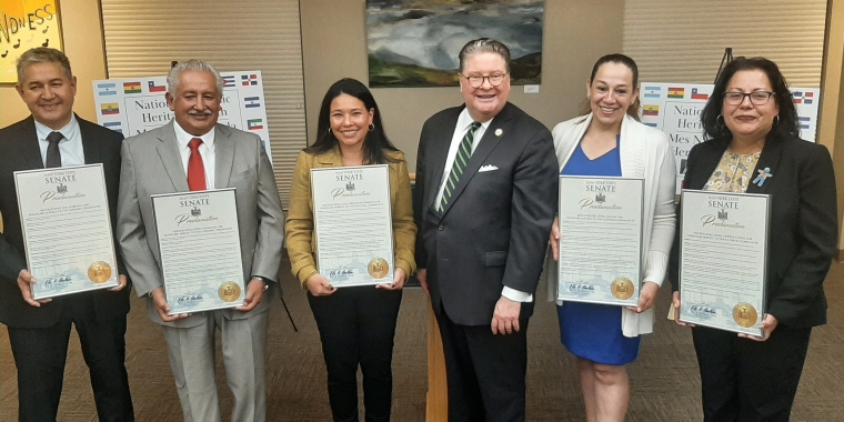 (L-R) Luis Coronel, president of the Peekskill & Cuenca Sister Cities Corp., Jorge Merchan, president of the Ecuadorian Civic Committee of Westchester, Luisa Granda-Rodriguez, director of operations and community engagement at Neighbors Link, Senator Pete Harckham, Dora Ochoa, executive director of Fundación Hanami, Maria Olivier-Flores, acting interim director of LEAP, Peekskill City Schools.