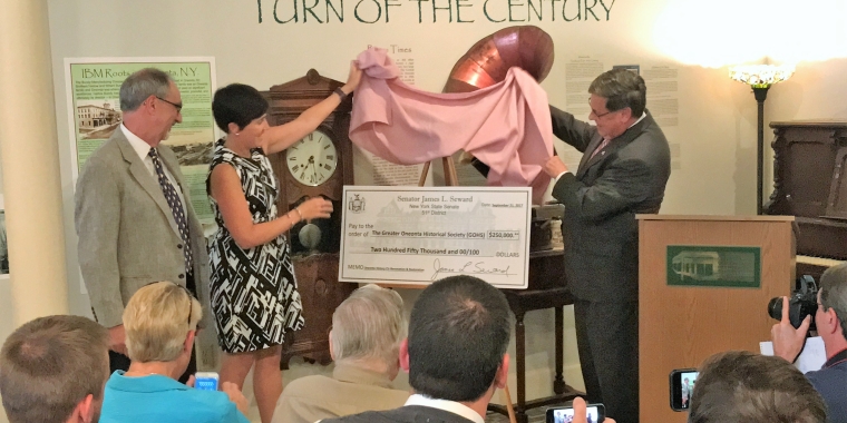 Senator Seward announces a $250,000 state grant to fund renovation and restoration work at the Oneonta History Center. From left, Greater Oneonta Historical Society Executive Director Bob Brzozowski, Greater Oneonta Historical Society Board Chairman Corinne Bresee Smith, Senator Seward.