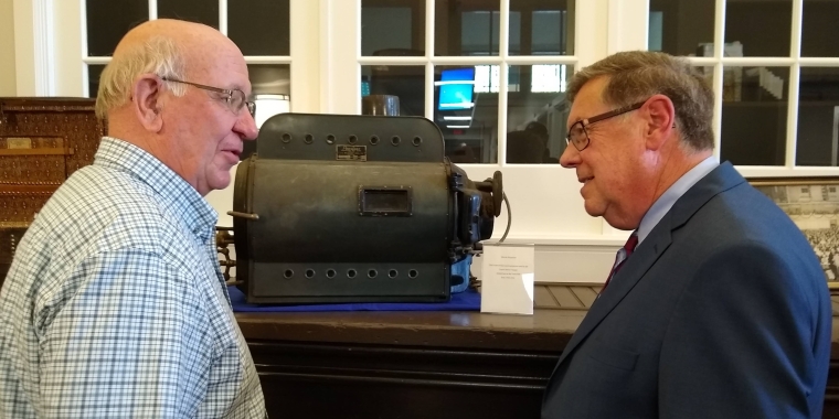 Senator James L. Seward (right) tours Homer Town Hall with Town of Homer Supervisor Frederick Forbes Sr. after announcing a $200,000 state grant to assist with renovation work.