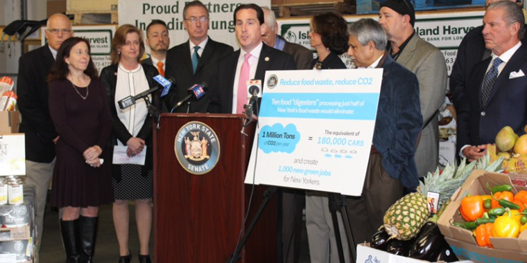 Sen. Kaminsky and Assemb. Englebright discuss the food waste diversion program, backed by state senators, assembly members, and officials from Long Island Cares and Island Harvest.