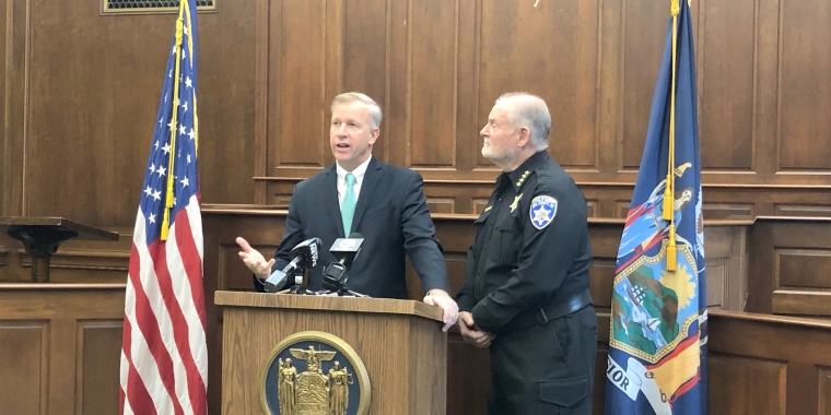 State Senator Chris Jacobs and Erie County Sheriff Tim Howard discussing the Senator's efforts to halt the imposition of dangerous criminal justice reforms scheduled to take effect January 1, 2020.