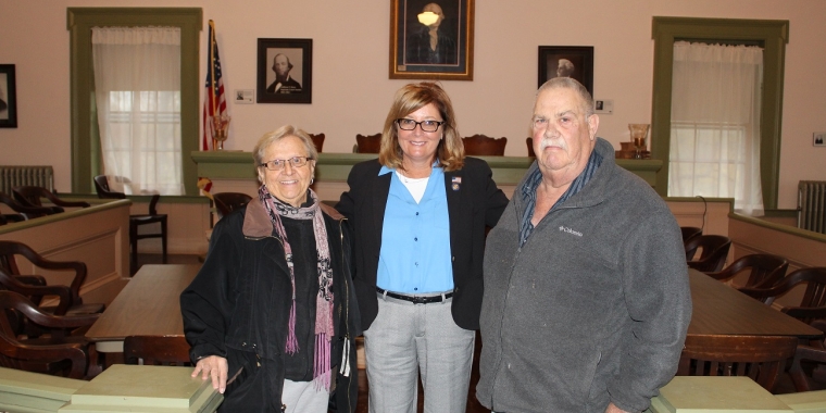Senator Pam Helming stands with Friends of the Three Bears Vice President Phyllis Motill, and Ovid Town Supervisor Walt Prouty during a tour of Ovid’s Three Bears buildings on Tuesday, Oct. 31. They are inside the building known as Papa Bear, which formerly served as the Seneca County Court House, Sheriff’s Office, and County Jail.
