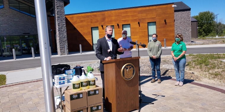 State Senator Chris Jacobs delivering COVID-19 protection supplies to Orchard Park Director of Recreation, Parks & Forestry Ed Leak, Assistant Recreation Director Kristin Welch and Recreation Commission Chairwoman Audrey Ramage.