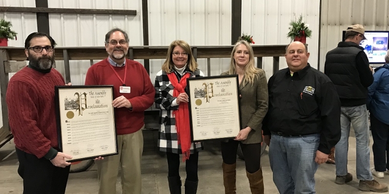 From left to right: Sperry Navone, Chief of Staff for Assemblyman Phil Palmesano; Seneca County Cornell Cooperative Extension Executive Director Ave Bauder; Senator Pam Helming; Seneca County Farm Bureau President Ann Heizmann; New York Farm Bureau District 3 Director John Sorbello.