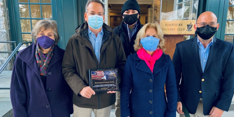 Senator Shelley Mayer presents Hampshire Country Club with the NYS Senate Empire Award. From left: Susan Goldberger, Dan Pfeffer, Julio Gaytan, Senator Shelley Mayer, and Dave Smith.