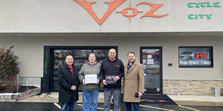 Sen. Rob Ortt and Assemblyman Angelo J. Morinello recognize Voz Cycle City with the SD62 Small Business of the Month Award.