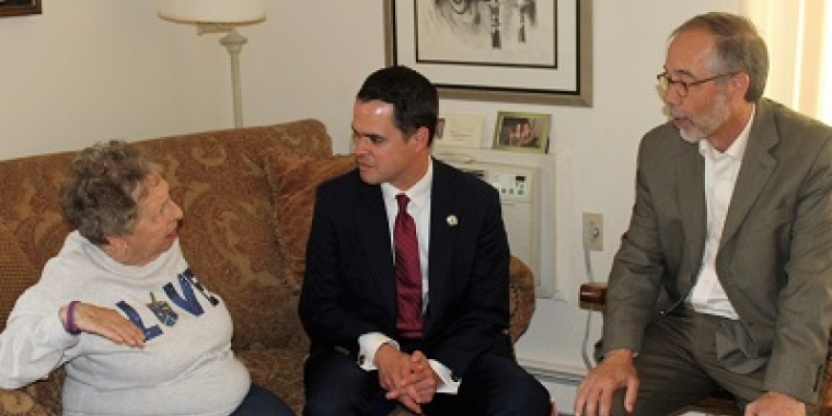 Senator David Carlucci and Don Hammond, President of Meals on Wheels, visit with Katherine Bregoff of Chestnut Ridge